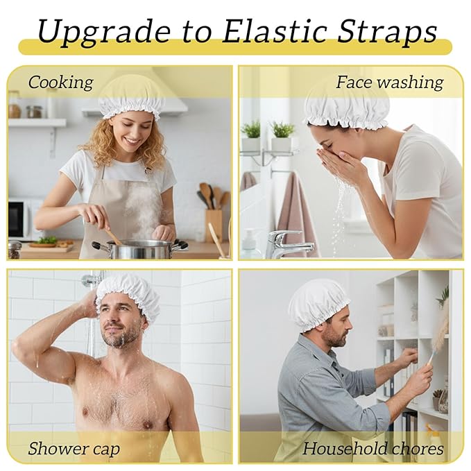 Reusable Shower Caps for Women Waterproof Double Layer Bath Cap Terry Lined Shower Cap with Elastic Large Bath Hair Caps for All Hair Lengths for Women Spa Home Salon Use(White)