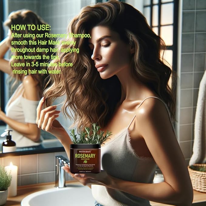 MYSTÉRE BEAUTÉ Rosemary Hair Treatment - with Collagen, Biotin, Argan Oil for Dry, Damaged, Curly Hair - Strengthening Deep Conditioner for Split Ends & Growth - 8.45 fl oz