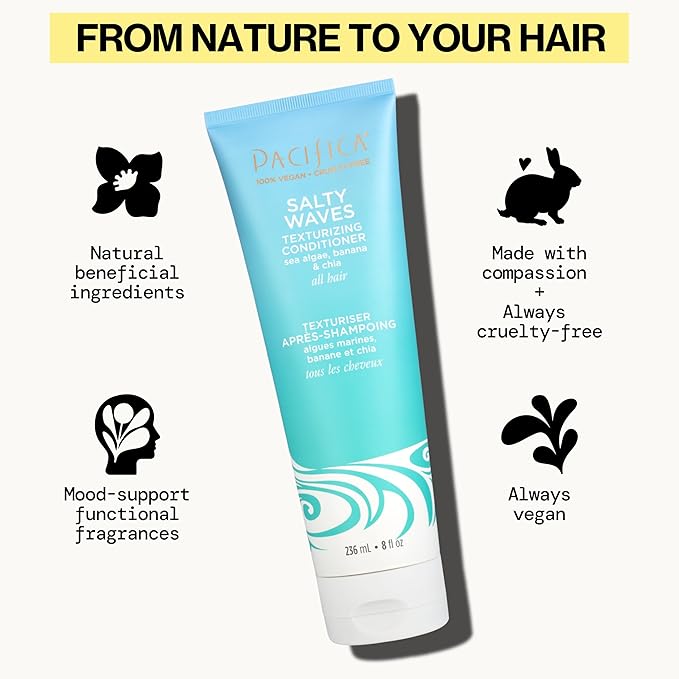 Pacifica Salty Waves Texturizing Shampoo & Conditioner Set – Beachy Waves Hair Care for Fine or Wavy Hair, Sea Salt & Banana for Volume & Texture, Sulfate Free Surf Hair Duo, 12 oz Each