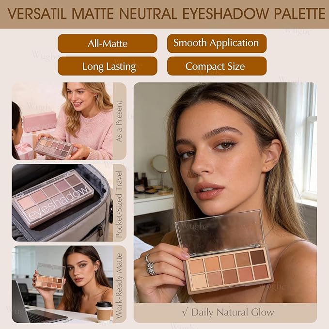 10 Colors Nude Eyeshadow Palette, Matte Beige Pink Brown Mauve Eye Shadow for Older Women, Long Lasting Blendable Smooth Versatile Natural Cream-to-Powder Eyeshadow Makeup with Brush Travel Kit