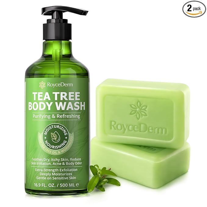 Roycederm Tea Tree Body Wash & Bar Soap Set – Refreshing Cleanse with Tea Tree Oil & Wormwood