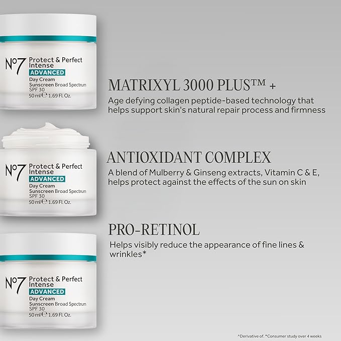 No7 Protect & Perfect Intense Advanced Face Cream - Hydrating Face Moisturizer with SPF - Formulated with Hyaluronic Acid & Collagen Peptide Technology to Help Reduce Fine Lines & Wrinkles (1.69 Oz)