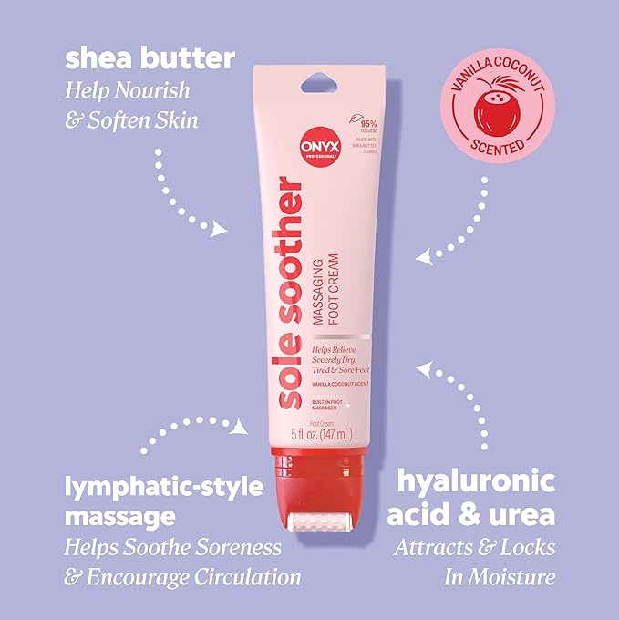 Onyx Professional Sole Soother Foot Cream, Vanilla Coconut Scent, 5 fl oz - Built-In Foot Massager, Urea Foot Cream that Massages & Moisturizers Feet