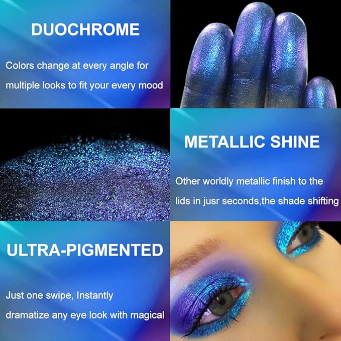 Afflano Duo Chrome Blue Eyeshadow, Intense Color Shifting Metallic Chameleon Eyeshadow Blue, Highly Pigmented Multichrome Eye shadow for Green Eyes Makeup, Single Sparkling Glitter Eye Shadow