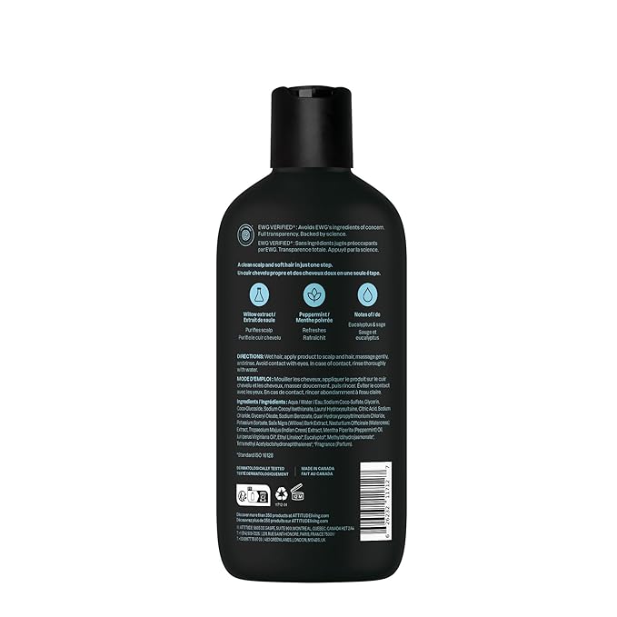 ATTITUDE Men's Shampoo and Conditioner 2-in-1, Scalp Care for Build Up & Oily Hair, Refresh With Peppermint & Willow Extract, 97% Natural Origin Ingredients, EWG Verified, Eucalyptus & Sage, 14 Fl Oz