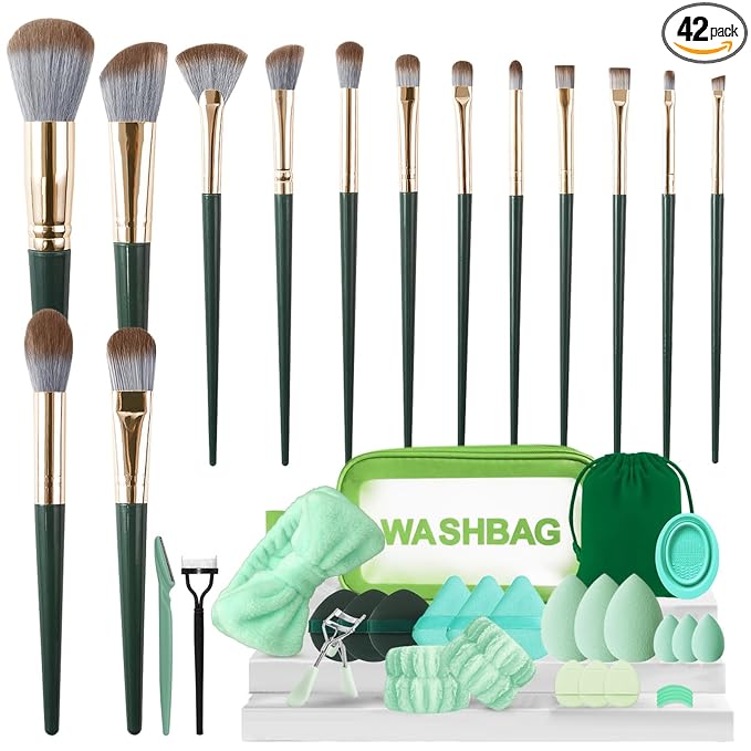 Makeup Brush Set, 42Pcs Makeup Tool Set Premium Synthetic Foundation Concealers Powder Eye Shadows Makeup Brushes Kit for for Beginner Professional, Green