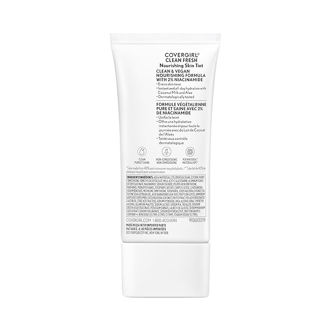 COVERGIRL Clean Fresh Nourishing Skin Tint, 620 Deep, Liquid Foundation, Dewy Finish, Infused with Coconut & Aloe, Vegan Formula