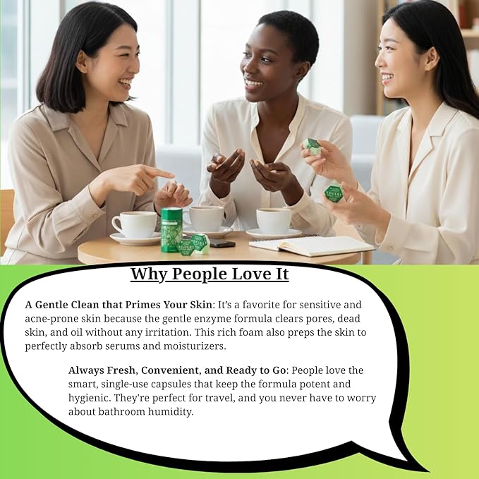 Japanese Powder Face Wash 0.4g 32pcs 1pack - Centella Asiatica Formula - Travel-Friendly Single Pack Enzyme Cleanser - Exfoliating Enzyme Powder - Smooth Effect - Ideal for All Skin - Green