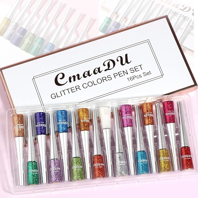 16 Colors Liquid Glitter Eyeliner Set, Metallic Shimmer Glitter Eyeshadow, Colorful Rainbow Eyeliner Long Lasting Waterproof Face Lips Art for Party Festival Makeup