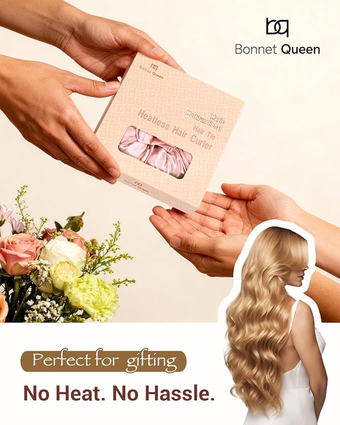BONNET QUEEN Satin Heatless Hair Curler, Overnight Curls for Long Hair, Ultra Soft Daily Use of Hair Accessories & 2 Scrunchies, Damage-Free Styling, Soft Hair Curlers for Overnight, Pink