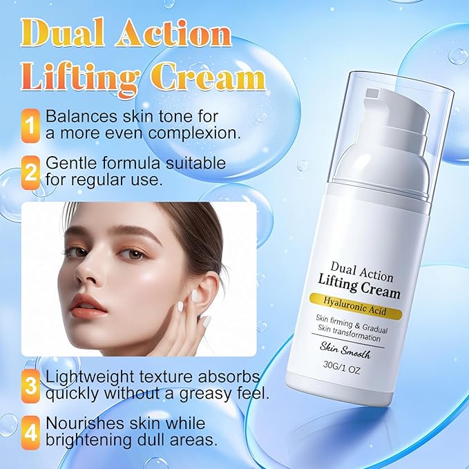 2 Pcs Dual Action Lifting Cream - Instant Firming with Peptides & Hyaluronic Acid, Hydrating Moisturizer, All Skin Types