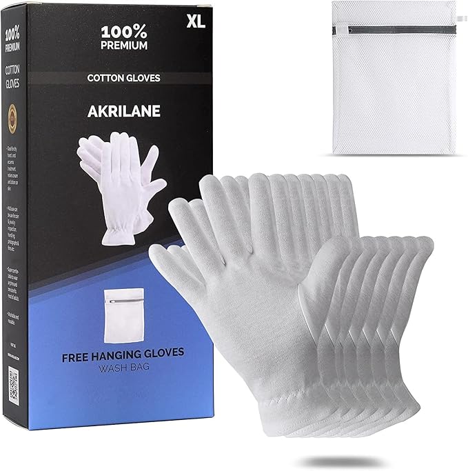 XL Extra Large 2 Pairs 100% Premium Cotton Gloves for Dry Hands | Moisturizing Overnight Gloves for Eczema, Psoriasis & Skin Spa Treatment for Women & Men | Washable & Reusable with Free Laundry Bag