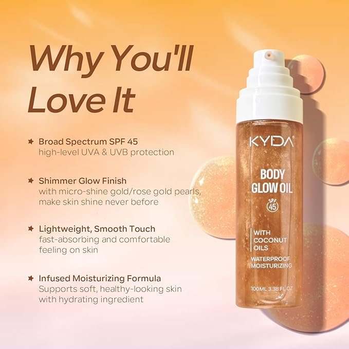 KYDA Travel Size Sunscreen, SPF 45 Body Glow Oil with Sequin Mica, Lightweight Moisturizing Coconuts Sunscreen SPF Glow Oil, Sun-kissed Shimmer Body Lotion, Water Resistant, 3.38 fl oz, AMBER