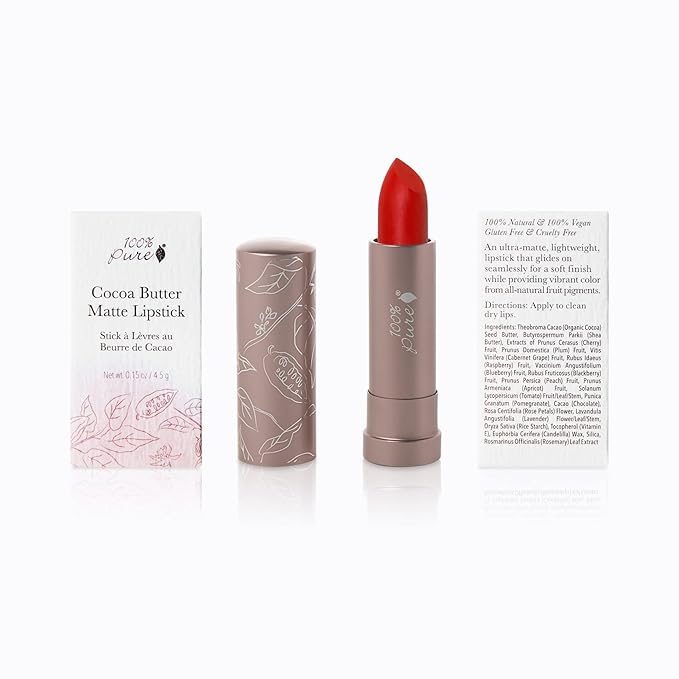 100% PURE Cocoa Butter Matte Lipstick Full Stay All Day Coverage, Lasting Moisturizing & Softening Natural Lip Color for All Skin Tones, Vegan Fruit Pigmented Sonora (Orange-Red) - 0.15 oz