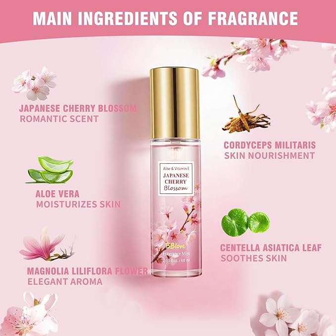 Beautifier Life Mini Body Mist Bath and Body Care Travel Set, Japanese Cherry Blossom Scent, 3 Piece, 2.03 FL OZ, Portable Travel Essentials, Gift for Women, Girls, Birthday, Holiday, Mother's Day