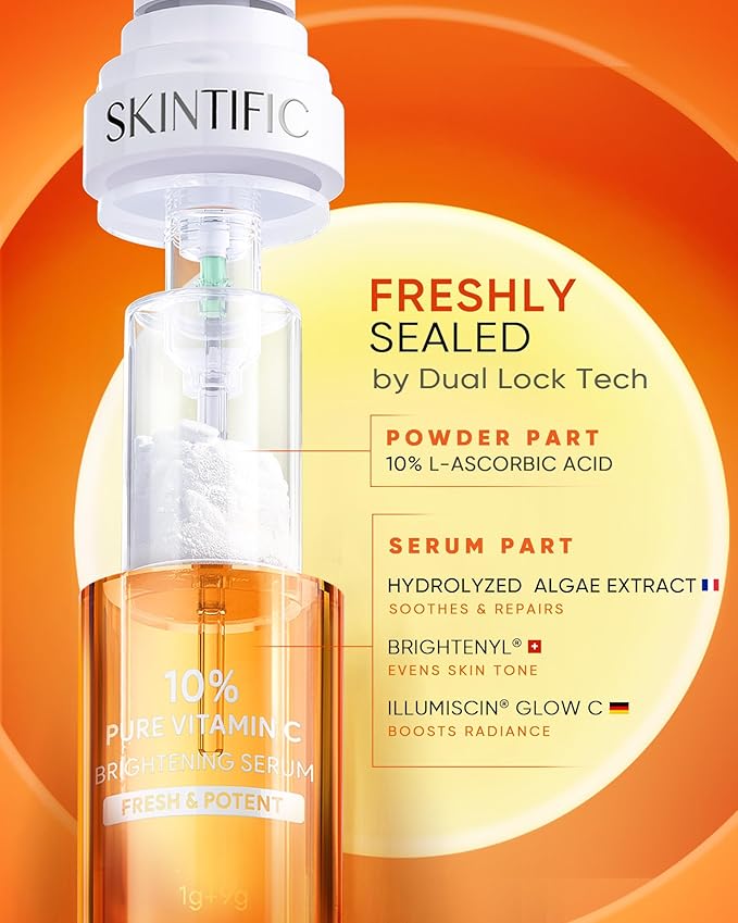 SKINTIFIC Dual-Chamber Fresh Vitamin C Brightening Serum for Face, 10% Pure Vit C Powder Serum, Dark Spot Corrector, Oxidation-Proof with UV Shield