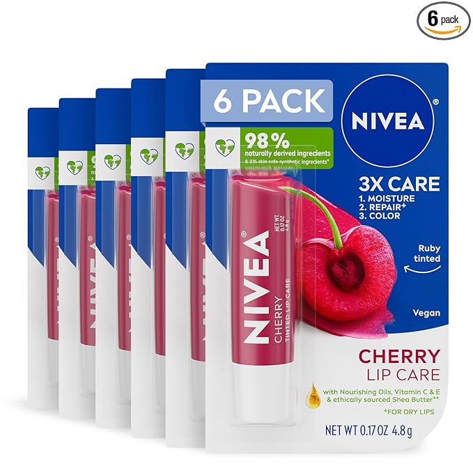 NIVEA Cherry Lip Care, Tinted Lip Balm with Shea Butter, Nourishing Oils and Vitamin C & E, 3-in-1 Moisture, Repair (for Dry Lips) and Color, 0.17 Oz Stick (Pack of 6)
