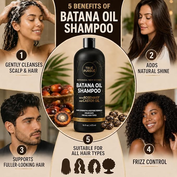 Batana Oil Shampoo for Hair Growth & Strength - Rosemary & Castor Oil Sulfate-Free Shampoo for Thinning, Dry, & Damaged Hair for Men and Women - Supports Thicker-Looking Hair | 16 fl oz TRUÉ PURSUÉ