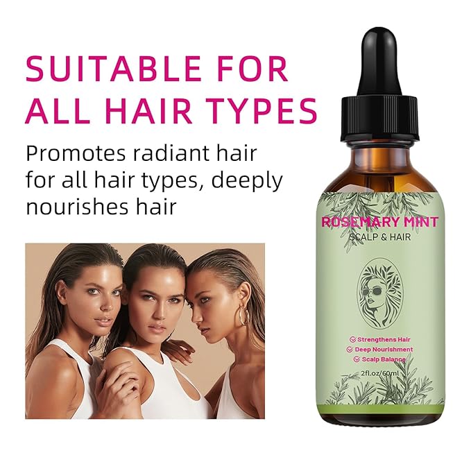 Rosemary Oil Hair, Rosemary Essential Oils for Hair Growth - Lightweight Non-Greasy Hair Serum to Nourish Scalp, Improve Dry Hair Texture, Includes Lash & Brow Applicators (2 FL Oz)