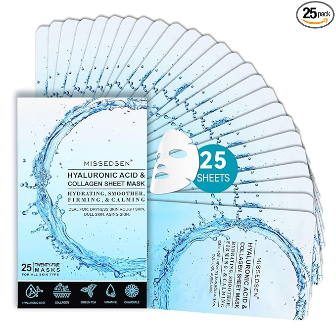 Collagen Face Mask with Hyaluronic Acid, Vitamin E Oil for Skin Care Hydrating, Moisturizing, Brightening & Anti Aging Face Masks Skincare for Oil, Dry, Acne, Sensitive All Skin Types 25PCS