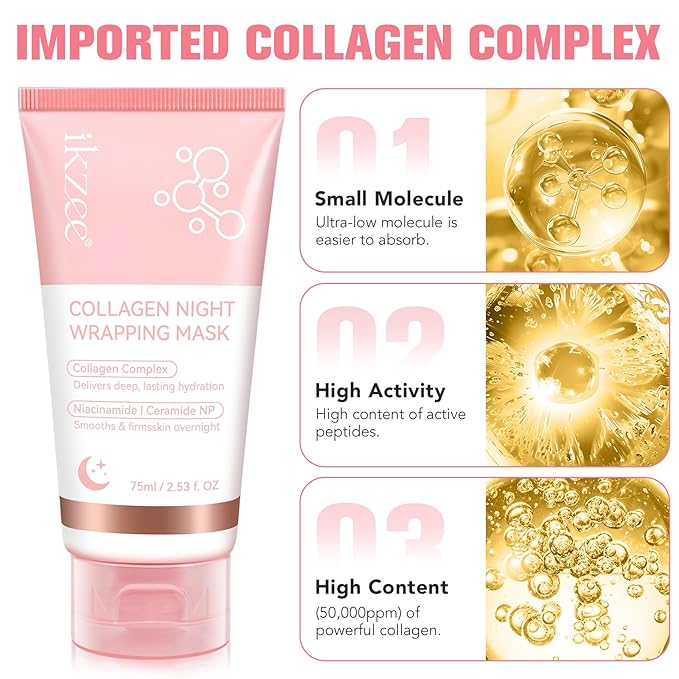 Collagen Night Wrapping Mask, Overnight Peel Off Facial Mask with Hydrolyzed Collagen for Hydrated, Plumped & Smooth Skin