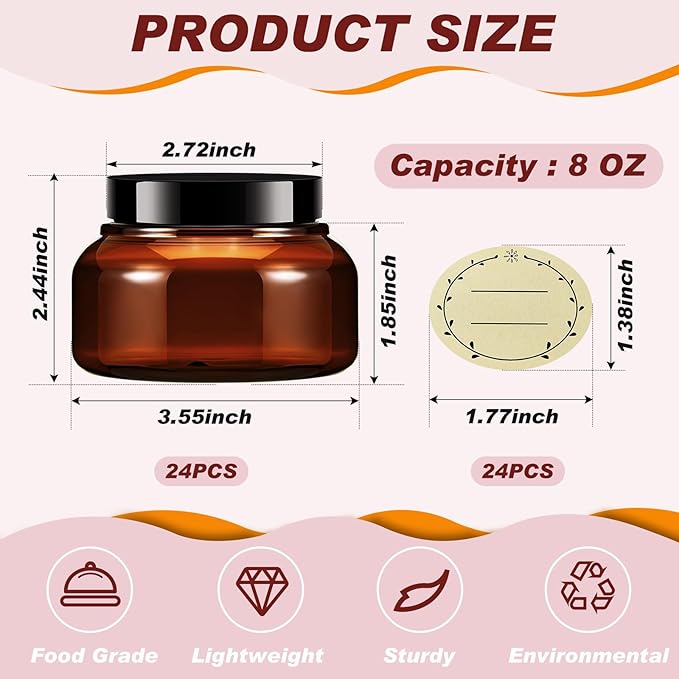 Tessco for you 24 Pack Plastic Jars with Lids Labels Multiuse Slime Containers Empty Body Scrub Jars Round Refillable Cosmetic Body Butter Container for Makeup (8 oz,Brown)