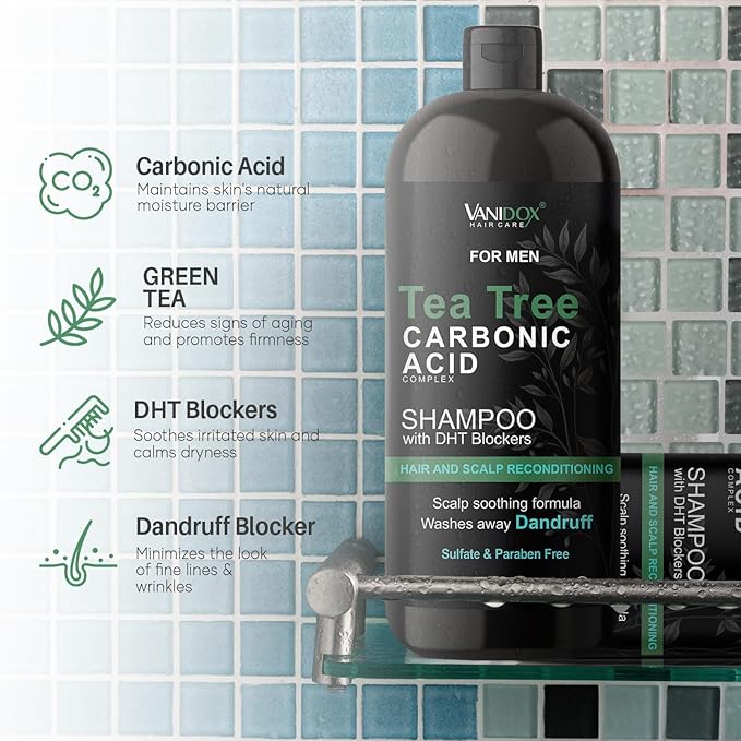 Vanidox Tea Tree Shampoo with Organic Tea Tree Oil and Carbonic Acid - For Men's Itchy and Dry Scalp, Fights Hair Loss, Stimulates Growth - With DHT Blockers (16 FL Oz)