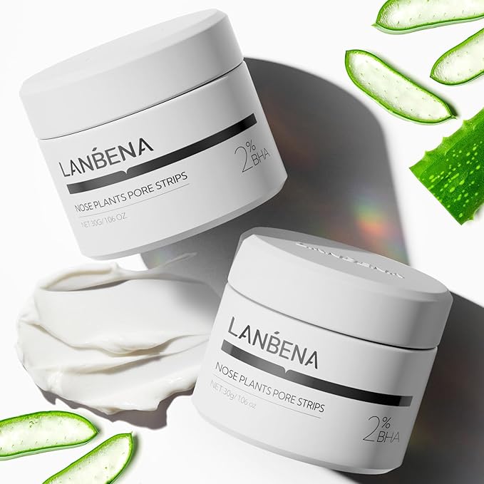 LANBENA Nose Pore Strips, 2pcs, 2% BHA(Salicylic Acid) Blackheads Remover Peel off Mask, Plants Pore Cleanser Purifying Face Mask, Unclog Pores, Oil Control, Upgraded 2.0 added Amazonian White Clay