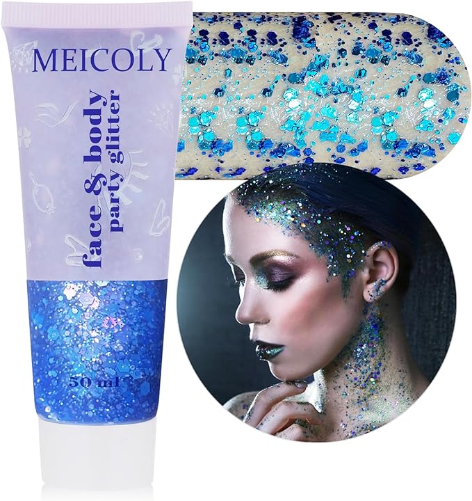 MEICOLY Chameleon Blue Hair Glitter,Holographic Chunky Face Glitter Gel,4th of July Outfits for Women, Patriotic Independence Day 4th of July Glitter Stick