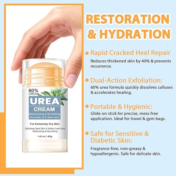 60% Urea Cream Stick plus 2% Salicylic Acid for Feet Maximum Strength - Foot & Hand Repair Balm for Extremely Dry Skin, Moisturizes Cracked Heels, Knee, Elbow and Hand, Callus Remover & Skin Soften