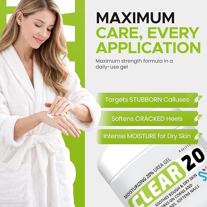 CLEAR 20, 20% Urea Gel, 4 oz w/ Tea Tree & Coconut Oil, Aloe Vera Extract, Callus & Corn Remover Moisturizes & Softens Cracked Heels, Feet, Elbows, Hands, Nails, Superior hydration to Urea Creams
