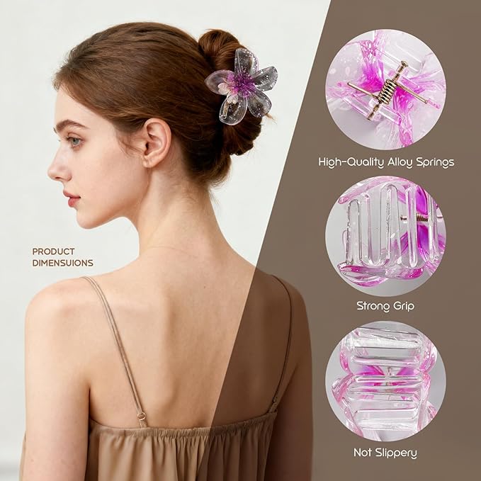 Hawaiian Flower Hair Clips for Women, Tropical Plumeria Hibiscus Claw Clips for Thick/Thin Hair, Non-Slip Large Hair Claws for Women Girls, Beach Vacation Hair Accessories 6 Pcs