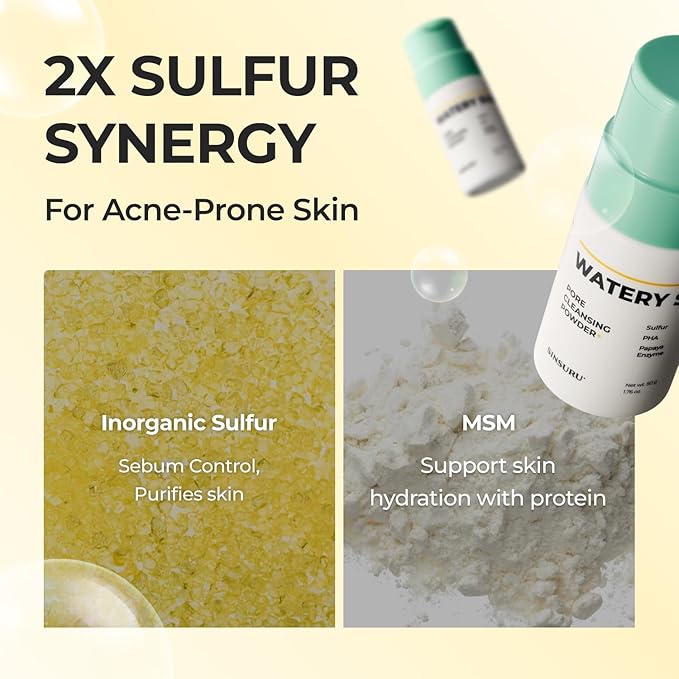 Watery Sulfur Pore Cleansing Powder, Korean Enzyme & Rice Powder & PHA Face Wash for Blackhead Removal, Sensitive and Acne-Prone Skin, Radiant Glow, Bumpy skin (1.76 oz / 50g)