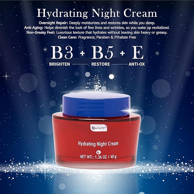b.pure Revitalizing Hydrating Night Cream Face Moisturizer | Niacinamide, Vitamin E, Vitamin B5 | Anti-Aging, Anti-Wrinkle | 1.36 oz, 3-Pack