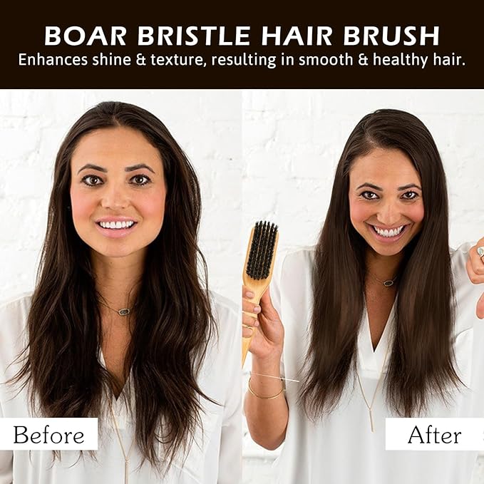 Boar Bristle Slick Back Hair Brush for Sleek Ponytail Bun & Smoothing Baby Hairs & Flyaways - Soft Boar Brush Hair Comb for Women & Men - Teasing Hairbrush with Wide Rat Tail for Sectioning & Parting