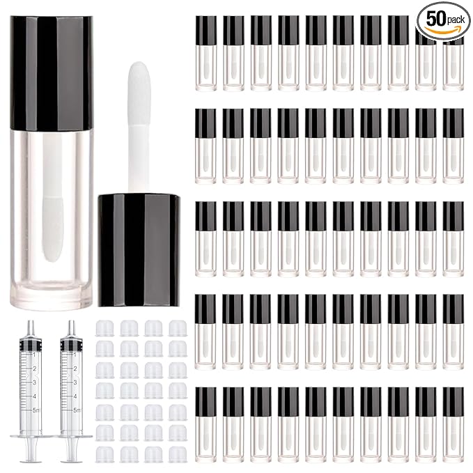 50pcs 2.5ml Empty Lip Gloss Containers Lip Gloss Tubes with Wand Cute 0.08oz Clear Refillable Lipgloss Making Supplies Kit for DIY Makeup + 2pcs Syringes (Black)