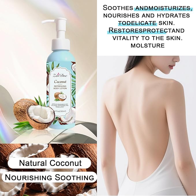 Body Lotion, 24hr Moisturizing & Deep Hydration, Absorbs Instantly Moisturizer for All Skin Types, 5.3 fl oz (1 Pack, Coconut)