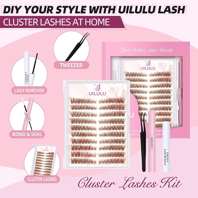 Brown Lash Clusters Kit Natural Lashes Extensions Wispy Eyelash Cluster 160pcs D Curl Left&Right with Bond & Seal, Glue Remover, Tweezers(U16 Lash Kits)