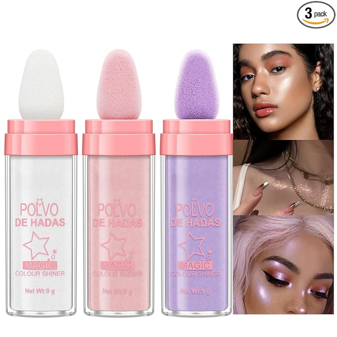 Polvo De Hadas 3 Pack Fairy Dust Highlight Patting Powder for Face, Eye, and Full Body Contouring, Halloween Sparkling Body Glitter Powder