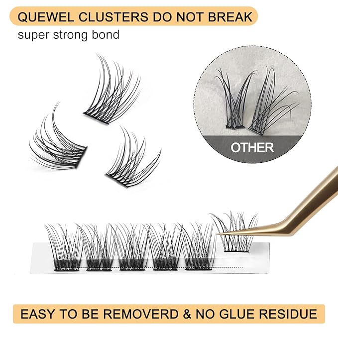 QUEWEL Lash Clusters 72 Pcs Cluster Lashes Wide Stem Eyelash Clusters C/D Curl 8-16mm DIY Eyelash Extensions Natural Style for Self Easy To Use at Home (Natural-C-10)
