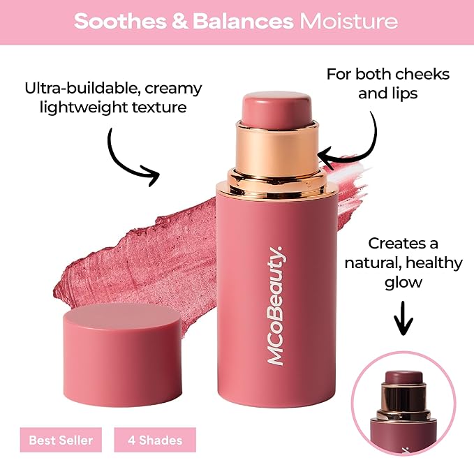 MCoBeauty Baby Face Cream Blush Stick - Peony Rose - Pink Multiuse Buildable Lip and Cheek Color Balm for a Radiant Dewy Glow - Face Makeup with Jojoba Seed Oil Coconut Oil - Vegan & Cruelty Free