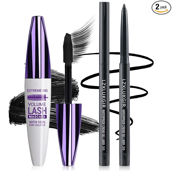 Black Mascara and Eyeliner Set,Natural Curling Black Mascara for Eyelashes,Volumizing Lengthening máscara de pestañas Waterproof,5D Colored Eye Makeup
