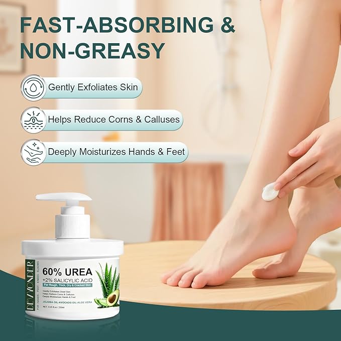 Urea Cream 60 Percent for Feet Maximum Strength with 2% Salicylic Acid 8.45 oz, Foot Cream for Dry Cracked Heels and Feet with Jojoba Oil, Avocado Oil & Aloe Vera, Urea Lotion for Callus Remover