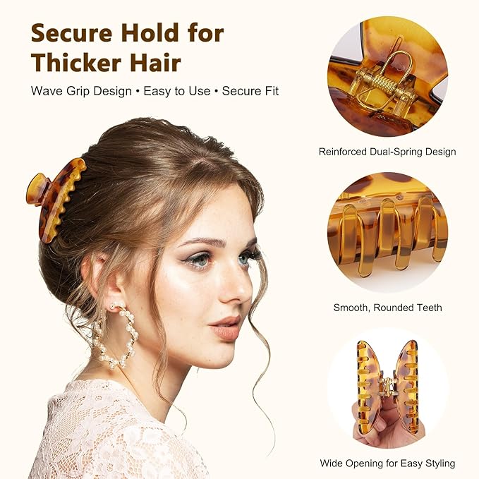 Large 4.3 Inch Glossy Jelly Claw Hair Clips for Women and Teens, Hair Claw with Strong Hold for Everyday Styling, Elegant Hair Accessory for All Hair Types, Tortoiseshell and Black, 3 Pack