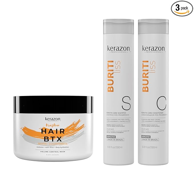 Kerazon Brazilian Hair BTX Treatment For All Hair Types + Sulfate Free and Sodium Free Shampoo & Conditioner KIT