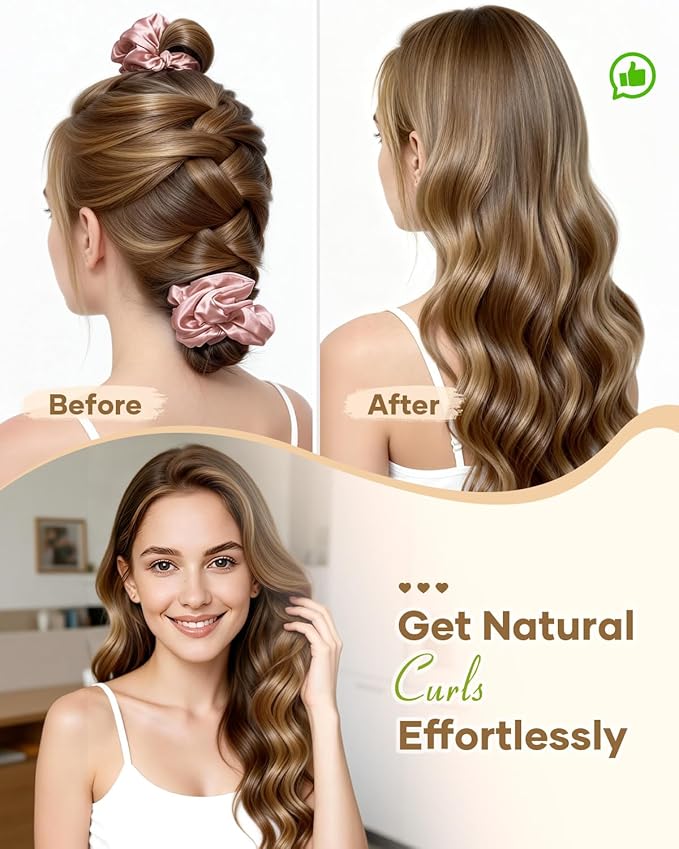 BONNET QUEEN Satin Heatless Hair Curler, Overnight Curls for Long Hair, Ultra Soft Daily Use of Hair Accessories & 2 Scrunchies, Damage-Free Styling, Soft Hair Curlers for Overnight, Rose Gold