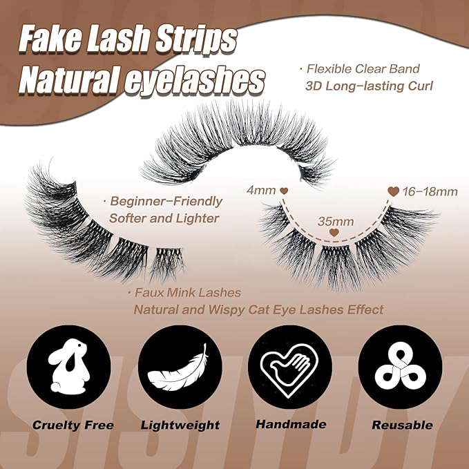 Fake Natural Lashes Wispy Short Fluffy Mink EyeLashes Clear Band C Curl 16mm 3D Faux Mink Eyelash Strips Soft Cat Eye Natural Look Lahses Pack YH303