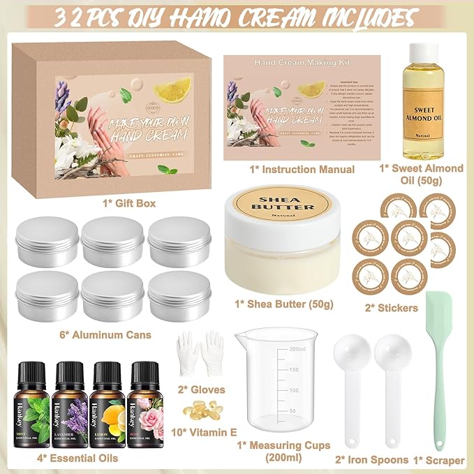 Jcoos DIY Hand Cream Making Kit, Handcream For Very Dry Hands, hand lotion with Shea Butter, Almond Oil, Jars, Essential Oils Natural Whipped Shea Butter Body Butter Making Kit Gifts for Women