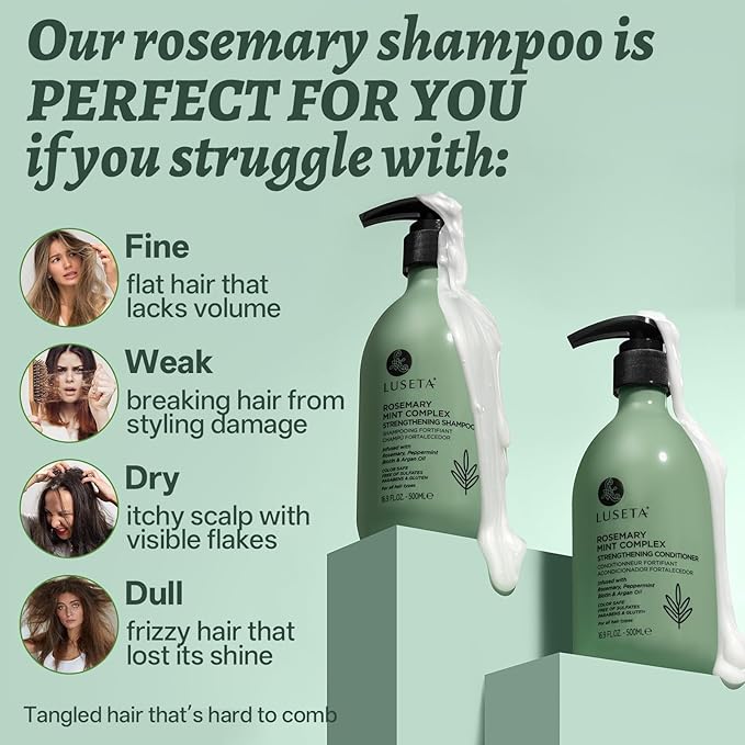 Luseta Rosemary Shampoo and Conditioner Set & Rosemary Mint Travel Shampoo and Conditioner for Dry Damaged Fine Hair Volumizing Thickening, Natural Anti Frizz for Women Men (2x16.9 FL Oz+2x1.01 FL Oz)