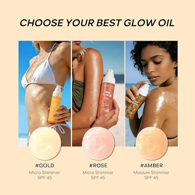 KYDA Travel Size Sunscreen, SPF 45 Body Glow Oil with Sequin Mica, Lightweight Moisturizing Coconuts Sunscreen SPF Glow Oil, Sun-kissed Shimmer Body Lotion, Water Resistant, 3.38 fl oz, AMBER